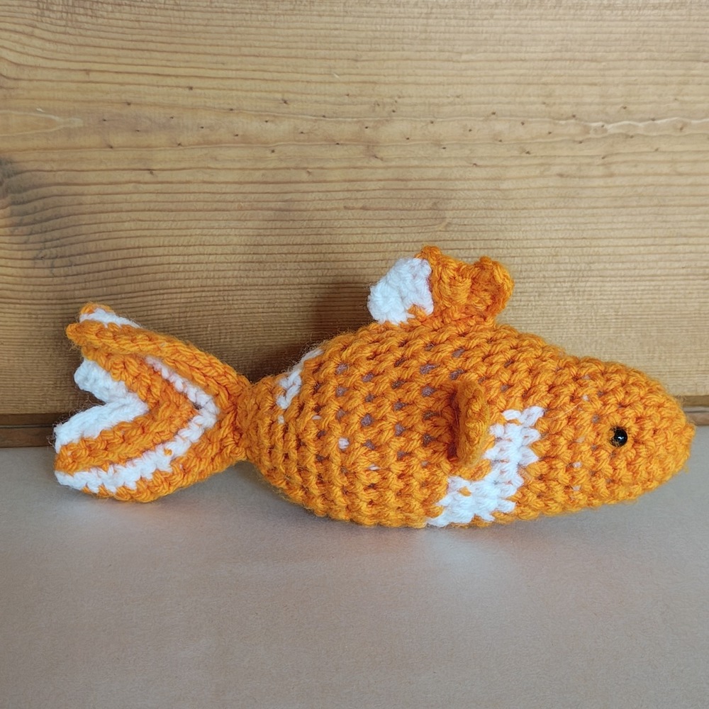 Crochet Mini‎ 8" White & Orange Koi Fish Small Soft Handmade Plush Toy Bead Eyes